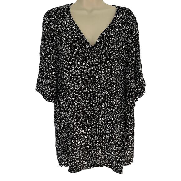 Talbots Blouse Top Flutter Sleeve Floral Button Front Smocking V-Neck Black 24W - Picture 1 of 12